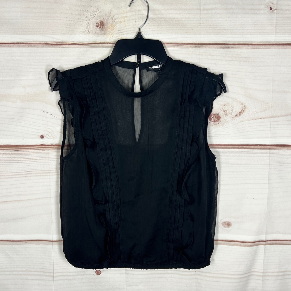 Express Ruffle Sleeve Blouse Womens‎ Small Black Solid Chiffon Pleated Cropped